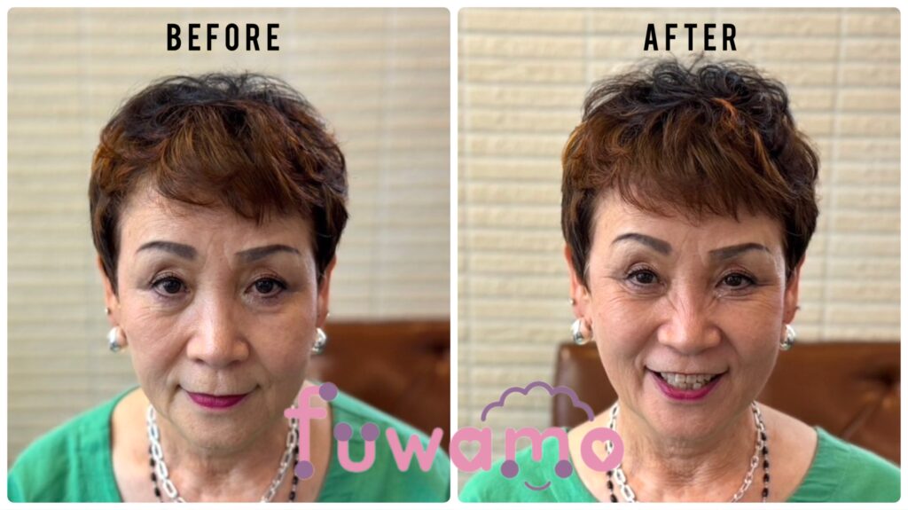 増毛エクステ施術前後の比較。自然なボリュームで希望するヘアスタイルを実現し、笑顔になったお客様。