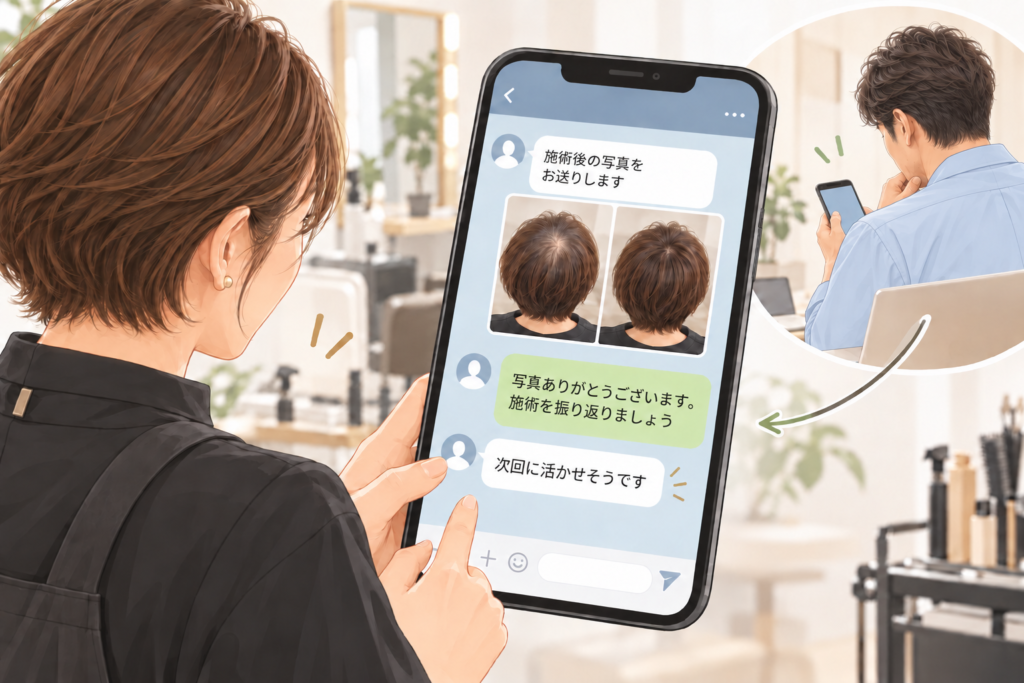 サロンスタッフが施術後の写真をLINEで送り、技術責任者からアドバイスを受ける様子。画面にはショートヘアのトップのビフォーアフターが表示されている。