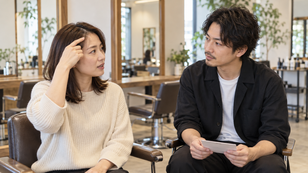 美容師に髪の希望を伝えながら、前髪を指し示す女性